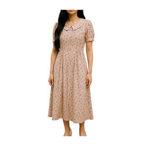 Erika Long Midi Dress Ditsy Pink Floral Pleated Sailor Collar Empire Waist L